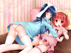 Rule 34 | 2boys, aichi shiho, ass, bed, blue hair, blush, bow, bracelet, bulge, candy, crossdressing, finger to mouth, food, frilled legwear, hair bobbles, hair bow, hair ornament, jewelry, lollipop, long hair, looking at viewer, male focus, multiple boys, nightgown, original, panties, pillow, pink panties, red eyes, red hair, short hair, smile, striped clothes, striped panties, thighhighs, trap, underwear, white legwear, white panties, yellow eyes