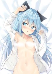Rule 34 | 1girl, animal ear fluff, animal ears, armpits, bad id, bad twitter id, bed sheet, blue eyes, blue hair, blue nails, blush, breasts, cat ears, cat hair ornament, censored, collarbone, collared shirt, commentary request, dress shirt, hair between eyes, hair ornament, highres, long sleeves, looking at viewer, lying, nail polish, navel, on back, open clothes, open shirt, original, parted lips, saeki sora, shirt, sleeves past wrists, small breasts, solo, two side up, white shirt