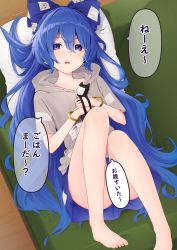 Rule 34 | 1girl, bangle, barefoot, blue bow, blue eyes, blue hair, blue skirt, blush, bow, bracelet, collarbone, grey hoodie, hair between eyes, hair bow, highres, hood, hoodie, jewelry, kanpa (campagne 9), long hair, open mouth, short sleeves, skirt, solo, speech bubble, stuffed animal, stuffed cat, stuffed toy, touhou, translation request, yorigami shion