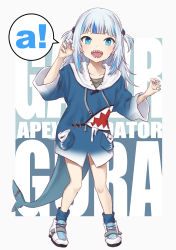 Rule 34 | 1girl, :d, a (phrase), absurdres, animal costume, blue eyes, blue hair, blue nails, blue socks, character name, claw pose, collarbone, commentary, english commentary, english text, fins, fish tail, full body, g9 (jiiku), gawr gura, gawr gura (1st costume), highres, hololive, hololive english, long hair, multicolored hair, nail polish, open mouth, shark costume, shark tail, sharp teeth, shoes, smile, socks, solo, speech bubble, standing, streaked hair, tail, teeth, virtual youtuber, white footwear