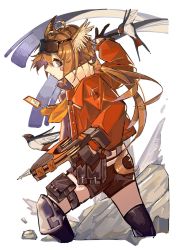 Rule 34 | 1girl, aciddrop (arknights), ahoge, arknights, bandaid, bandaid on face, belt, belt pouch, bird, black gloves, black thighhighs, blue eyes, bow (weapon), brown hair, commentary request, crossbow, eyewear on head, gloves, highres, holding, holding crossbow, holding weapon, id card, jacket, knee pads, leg strap, long hair, long sleeves, neckerchief, orange jacket, orange neckerchief, ponytail, pouch, short hair, shorts, simple background, solo, sparrow, standing, sunglasses, thigh strap, thighhighs, weapon, white background, white belt, yinchuan