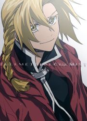 Rule 34 | 1boy, absurdres, black jacket, blonde hair, braid, cape, commentary, copyright name, edward elric, fullmetal alchemist, furrowed brow, gradient background, high collar, highres, jacket, long hair, looking at viewer, male focus, parted bangs, red cape, roku (gansuns), sad smile, smile, solo, upper body, yellow eyes