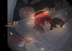 Rule 34 | 1girl, 1other, ^ ^, absurdres, arknights, bare arms, bare shoulders, black hair, cellphone, character name, closed eyes, closed mouth, commentary request, doctor (arknights), exusiai (arknights), hair between eyes, halo, highres, phone, pillow, red hair, smile, stuffed animal, stuffed rabbit, stuffed toy, tianye toshi, under covers