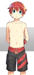 1boy absurdres aqua_eyes arms_behind_back black_male_swimwear child closed_mouth collarbone elementary_school_age highres looking_at_viewer male_focus male_swimwear navel nipples original red_hair short_hair signature solo standing swim_trunks topless_male zutaboro