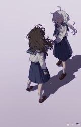 Rule 34 | 2girls, ^ ^, absurdres, ahoge, ankle socks, black skirt, blue neckerchief, blue sailor collar, brown footwear, brown hair, clenched hand, closed eyes, collared shirt, commentary, english commentary, face-to-face, from behind, full body, hair over shoulder, highres, holding hands, long hair, long sleeves, low twintails, medium skirt, messy hair, mubu mubei, multiple girls, neckerchief, open mouth, original, pleated skirt, purple background, sailor collar, school uniform, serafuku, shadow, shirt, shoes, simple background, skirt, smile, socks, twintails, uwabaki, weibo watermark, white hair, white shirt, white sleeves, white socks, wind