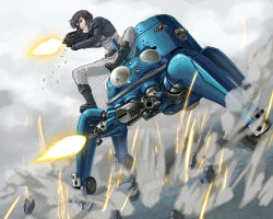Rule 34 | 00s, 1girl, boots, bullpup, casing ejection, firing, ghost in the shell, ghost in the shell stand alone complex, gloves, gun, itou (onsoku tassha), jacket, kusanagi motoko, machine pistol, mecha, mecha focus, pants, pants tucked in, purple hair, red eyes, rifle, robot, shell casing, short hair, solo, sparkle, tachikoma, weapon