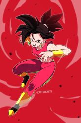 Rule 34 | 1girl, abs, absurdres, armlet, black hair, breasts, dragon ball, dragon ball super, earrings, highres, jewelry, kefla (dragon ball), pants, potara earrings, red background, saiyan, shoes, short hair, simple background, smile, solo, sottart, spiked hair