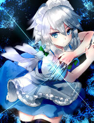 Rule 34 | 1girl, black background, black thighhighs, blue eyes, bow, braid, closed mouth, commentary request, cowboy shot, green bow, grey hair, hair between eyes, hair bow, holding, holding knife, izayoi sakuya, knife, looking at viewer, maid, nagare, short hair, short sleeves, side braids, solo, thighhighs, touhou, twin braids