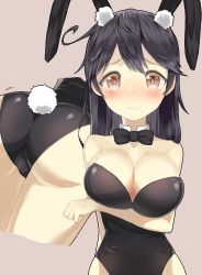 Rule 34 | 10s, 1girl, ahoge, animal ears, ass, bare shoulders, blush, bow, bowtie, breast hold, breasts, brown eyes, rabbit ears, rabbit tail, cleavage, collarbone, commentary request, covered navel, detached collar, embarrassed, fake animal ears, highres, kantai collection, large breasts, long hair, looking at viewer, playboy bunny, solo, tail, ushio (kancolle), wrist cuffs, yamato (muchuu paradigm)
