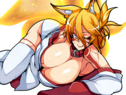 Rule 34 | 1girl, animal ears, bare shoulders, blonde hair, breasts, cleavage, collar, commentary request, eyes visible through hair, facial mark, folded ponytail, fox ears, fox tail, hair between eyes, huge breasts, japanese clothes, kamen no hito, kimono, kyuubi-chan (kamen no hito), looking at viewer, lying, markings, off shoulder, one eye closed, purple eyes, red collar, sleeves past wrists, smile, solo, tail, tattoo, thighhighs, white thighhighs, wide sleeves