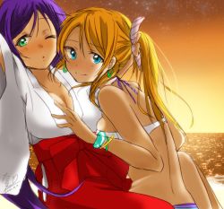 Rule 34 | 10s, 2girls, arms up, ayase eli, bad id, bad pixiv id, beach, bikini, blonde hair, blue eyes, blush, bracelet, breasts, cleavage, dated, earrings, green eyes, hair ribbon, japanese clothes, jewelry, large breasts, long hair, looking at viewer, looking back, lots of jewelry, love live!, love live! school idol festival, love live! school idol project, miko, multiple girls, one eye closed, open mouth, ponytail, purple hair, ribbon, signature, sketch, smile, sunset, swimsuit, tarachine, tojo nozomi, twintails, yuri