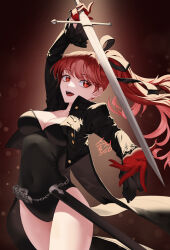 Rule 34 | 1girl, absurdres, black jacket, black leotard, breasts, cleavage, gloves, hair ribbon, highres, holding, holding sword, holding weapon, jacket, leotard, long hair, long sleeves, looking at viewer, medium breasts, open mouth, persona, persona 5, persona 5 the royal, ponytail, rapier, red eyes, red gloves, red hair, ribbon, smile, solchung, solo, sword, teeth, thighs, upper teeth only, weapon, yoshizawa kasumi