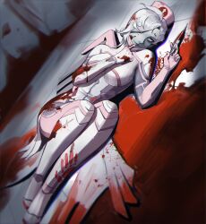 Rule 34 | 1girl, absurdres, blood, blood on clothes, blood on face, blood splatter, closed mouth, full body, hair over one eye, headband, highres, legs together, looking at viewer, mask, mercy (overwatch), nurse, official alternate costume, overwatch, overwatch 2, pink headband, syringe, white hair, wings, yshua, zombie