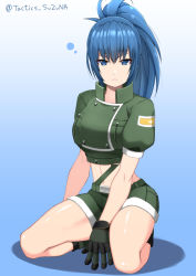 Rule 34 | 1girl, blue eyes, blue hair, gloves, green jacket, green shorts, highres, jacket, leona heidern, looking at viewer, military, military uniform, ponytail, shorts, simple background, solo, squatting, suspenders, suzuna (najaran), the king of fighters, the king of fighters xv, twitter username, uniform