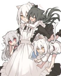 Rule 34 | 1010 neg, 4girls, animal ear fluff, animal ears, apron, barefoot, black dress, black hair, black skirt, brown eyes, cat ears, cat tail, child, closed eyes, dress, feet, finger to mouth, grey hair, highres, hug, lifting person, long hair, maid, mouth hold, multiple girls, one eye closed, open mouth, original, red eyes, shirt, skirt, smile, soles, tail, toes, white apron, white dress, white hair, white shirt