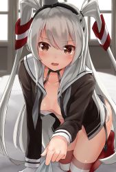 Rule 34 | 10s, 1girl, amatsukaze (kancolle), arm support, black panties, blush, breasts, brown eyes, choker, cleavage, commentary request, dress, garter straps, gloves, hair tubes, highres, kantai collection, kneeling, leaning forward, long hair, long sleeves, looking at viewer, mono (sunegey), no bra, open clothes, open dress, open mouth, panties, pov, red thighhighs, sailor collar, sailor dress, short dress, silver hair, single glove, small breasts, solo, solo focus, striped clothes, striped thighhighs, tears, thighhighs, two side up, underwear, white gloves