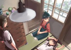 Rule 34 | 10s, 3girls, arms up, ayanami (kancolle), black eyes, blouse, blue hair, brown hair, brown skirt, chest of drawers, closed mouth, eye contact, eyebrows, floral print, flower pot, from above, hair ornament, hakama, hakama short skirt, hakama skirt, hands on own thighs, houshou (kancolle), indoors, japanese clothes, kantai collection, kimono, lamp, long hair, looking at another, lying, marble (toy), matsutani, multiple girls, on back, open mouth, own hands together, pantyhose, plant, ponytail, railing, rain, ribbon, school uniform, seiza, serafuku, shikinami (kancolle), shirt, short sleeves, side ponytail, sitting, skirt, smile, standing, tasuki, white shirt, window