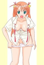 Rule 34 | 1girl, ahoge, angry, bare legs, bell, blush, breasts, breasts apart, buttons, caught, collarbone, facing viewer, green eyes, hair ornament, hair ribbon, hair ribbons, hair tie, kagurazaka asuna, long hair, looking at viewer, mahou sensei negima!, no bra, open clothes, open mouth, orange hair, panties, panty pull, partially open shirt, partially undressed, pussy, red ribbon, ribbon, shirt, short sleeves, simple background, solo, standing, twintails, underwear, undressing, very long hair, white background, white panties, white shirt, yellow background