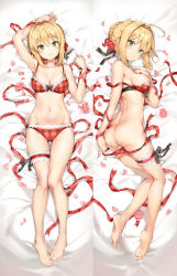 Rule 34 | 1girl, :&gt;, ahoge, anmi, arm up, armpits, ass, barefoot, bed sheet, blonde hair, blush, bra, bra pull, braid, breasts, bridal garter, censored, cleavage, closed mouth, clothes pull, collarbone, dakimakura (medium), fate (series), feet, flower, green eyes, hair bun, hair flower, hair intakes, hair ornament, hair ribbon, hand on own chest, heart, heart censor, highres, knees together feet apart, lace, lace-trimmed bra, lace-trimmed panties, lace trim, large breasts, looking at viewer, lying, multiple views, navel, nero claudius (fate), nero claudius (fate) (all), nero claudius (fate/extra), official alternate costume, on side, panties, panty pull, parted lips, petals, plaid, plaid bra, plaid panties, red bra, red panties, ribbon, sheet grab, short hair, single hair bun, smile, soles, strap slip, toes, underwear, underwear only