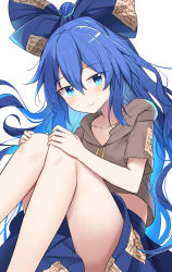 Rule 34 | 1girl, blue bow, blue eyes, blue hair, blue skirt, blush, bow, brown hoodie, closed mouth, collarbone, e.o., hair between eyes, hair bow, highres, hood, hoodie, long hair, looking at viewer, short sleeves, simple background, skirt, solo, touhou, white background, yorigami shion