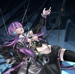 Rule 34 | 1girl, android, bracelet, breasts, broken, cable, highres, jewelry, joints, long hair, lying, mechanical parts, moriyama yuuki, on back, open mouth, original, outstretched arm, purple eyes, purple hair, robot joints, single thighhigh, skirt, solo, spine, tears, thighhighs, underboob, very long hair