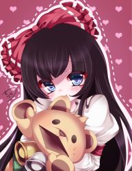 Rule 34 | 1girl, absurdres, bell, biting, black hair, blue eyes, blush, bow, character request, commentary request, dotted line, dress, ear biting, frilled bow, frills, hair bow, heart, highres, juliet sleeves, long sleeves, looking at viewer, muuran, outline, puffy sleeves, purple background, red bow, ribbon-trimmed bow, ribbon trim, shironeko project, sidelocks, signature, solo, striped, stuffed animal, stuffed toy, sweat, teddy bear, vertical stripes, white dress