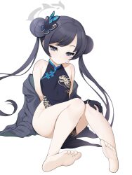 Rule 34 | 1girl, bare shoulders, barefoot, black dress, black gloves, black hair, blue archive, blush, breasts, butterfly hair ornament, china dress, chinese clothes, coat, double bun, dragon print, dress, gloves, grey coat, grey eyes, hair bun, hair ornament, half gloves, halo, highres, kisaki (blue archive), koflif, long hair, long sleeves, looking at viewer, off shoulder, pelvic curtain, pinstripe pattern, short dress, side slit, sitting, small breasts, solo, striped coat, twintails