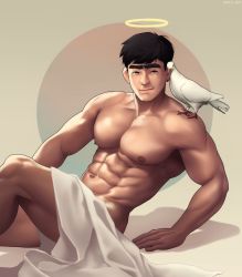 Rule 34 | 1boy, abs, animal, animal on shoulder, bara, bird, black hair, closed mouth, dove, dr.shin nerdyart, earrings, highres, jewelry, large pectorals, looking at viewer, male focus, muscular, muscular male, naked towel, navel, nerdyart1, nipples, nude, original, pectorals, short hair, sitting, smile, thick eyebrows, thick thighs, thighs, towel