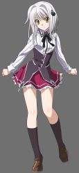 Rule 34 | 10s, 1girl, artist request, black socks, clenched hands, full body, grey background, hair ornament, hairclip, high school dxd, highres, kneehighs, legs, loafers, official art, school uniform, shoes, simple background, skirt, smile, socks, standing, standing on one leg, toujou koneko, white hair, yellow eyes