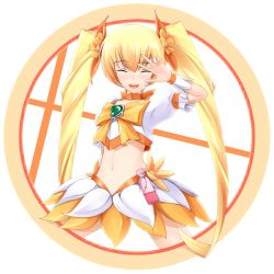 Rule 34 | 10s, 1girl, blonde hair, blush, bow, brooch, circle, cure sunshine, eto, closed eyes, flat chest, flower, hair ribbon, heart, heart brooch, heartcatch precure!, jewelry, long hair, magical girl, midriff, myoudouin itsuki, navel, orange background, orange bow, orange skirt, orange theme, precure, ribbon, salute, skirt, smile, solo, twintails, v, very long hair, wrist cuffs, yellow bow