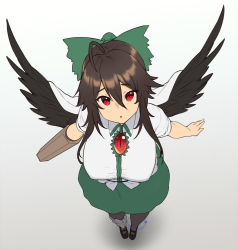 Rule 34 | 1girl, alternate breast size, arm cannon, black footwear, black hair, black pantyhose, black wings, bow, breasts, cape, feathered wings, from above, full body, gradient background, green bow, green skirt, grey background, hair between eyes, hair bow, houtengeki, large breasts, looking at viewer, looking up, mary janes, pantyhose, parted lips, red eyes, reiuji utsuho, shadow, shirt, shoes, short sleeves, sidelocks, skirt, solo, standing, touhou, weapon, white background, white cape, white shirt, wings