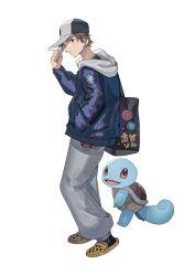 Rule 34 | 1boy, absurdres, alternate costume, bag, black legwear, brown hair, closed mouth, commentary request, creatures (company), crocs, full body, game freak, gen 1 pokemon, grey pants, hand on headwear, hand up, hat, highres, hood, hooded jacket, jacket, male focus, nintendo, pants, pokemon, pokemon (creature), pokemon rgby, red (pokemon), short hair, simple background, socks, spiked hair, squirtle, standing, white background, yasaikakiage