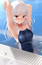 Rule 34 | 1girl, absurdres, armpits, arms up, black one-piece swimsuit, blue one-piece swimsuit, blunt bangs, blush, breasts, collarbone, competition school swimsuit, competition swimsuit, day, eto (ikumika), grey hair, highres, long hair, looking at viewer, medium breasts, one-piece swimsuit, original, outdoors, parted lips, partially submerged, pool, red eyes, school swimsuit, smile, solo, stretching, swimsuit, upper body, water, water drop
