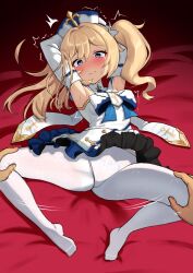 Rule 34 | 1girl, ^^^, armpits, arms up, barbara (genshin impact), blonde hair, blue eyes, blush, bow, bow panties, breasts, cameltoe, cross, detached collar, detached sleeves, dress, drill hair, feet, genshin impact, groin, highres, latin cross, long hair, looking at viewer, lying, medium breasts, on back, panties, panties under pantyhose, pantyhose, shinatsukou, spread legs, sweat, thighs, twin drills, twintails, underwear, white dress, white headwear, white pantyhose, white sleeves, wide sleeves