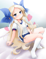 Rule 34 | 1girl, alternate costume, anbee (arary), arm support, asakaze (kancolle), between legs, blonde hair, blue bow, blue buruma, blue eyes, blush, bow, breasts, breath, buruma, collarbone, empty eyes, female focus, female masturbation, full body, gym uniform, hair bow, hand between legs, happy, heart, highres, kantai collection, kneehighs, long hair, looking at viewer, masturbation, on bed, open mouth, peeing, peeing self, puddle, shirt, short sleeves, small breasts, smile, socks, solo, steam, sweat, tears, very long hair, wet, wet clothes, white shirt, white socks