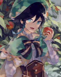 Rule 34 | 1boy, androgynous, apple, black hair, blue hair, bow, braid, brooch, cape, collared cape, collared shirt, commentary, corset, english commentary, fenori, flower, food, frilled sleeves, frills, fruit, genshin impact, gradient hair, green eyes, green hat, hat, hat flower, holding, holding food, holding fruit, jewelry, leaf, light particles, long sleeves, looking at viewer, male focus, multicolored hair, open mouth, shirt, short hair with long locks, sidelocks, smile, solo, twin braids, venti (genshin impact), white flower, white shirt