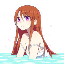Rule 34 | 10s, 1girl, :o, aikatsu!, aikatsu! (series), bare shoulders, brown hair, chan co, long hair, off shoulder, parted lips, partially submerged, purple eyes, shibuki ran, simple background, solo, strap slip, wading, water, white background