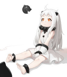 Rule 34 | 1girl, absurdres, abyssal ship, ankle cuffs, barefoot, collar, colored skin, dress, full body, headgear, highres, kantai collection, lkqyan, long hair, looking up, mittens, northern ocean princess, orange eyes, sitting, sleeveless, sleeveless dress, solo, teeth, v arms, white dress, white hair, white skin