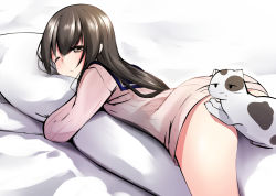 Rule 34 | 1girl, ass, bad id, bad pixiv id, blush, body pillow, brown eyes, brown hair, cat, convenient censoring, long hair, looking at viewer, nekobaka, hugging object, one eye closed, original, pillow, pillow hug, ribbed sweater, simple background, solo, sweater, white background