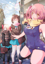 Rule 34 | 3girls, ahoge, bad id, bad pixiv id, bag, black hair, black legwear, blonde hair, blush, breasts, breath, coat, cold, gesugesu ahoaho, glasses, hair ribbon, large breasts, multiple girls, one-piece swimsuit, open mouth, original, pantyhose, pink hair, ribbon, scarf, school swimsuit, school uniform, short twintails, skirt, snow, swimsuit, symbol-shaped pupils, text in eyes, thighhighs, tress ribbon, twintails, winter uniform, yellow eyes