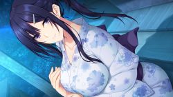 Rule 34 | 1girl, blush, breasts, cleavage, closed mouth, dutch angle, female focus, from above, game cg, hair ornament, hairclip, hands up, hibiki works, high ponytail, iizuki tasuku, japanese clothes, kimono, large breasts, light blush, long hair, looking at viewer, night, obi, original, outdoors, ponytail, purple eyes, purple hair, sash, shadow, sidelocks, sitting, solo, suiren to shion, wakami suiren, wide sleeves, wooden floor, yukata