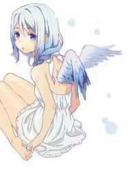 Rule 34 | 1girl, :o, arm tattoo, arms at sides, bad drawr id, bad id, bare legs, barefoot, blue eyes, blue wings, character request, copyright request, dress, feathered wings, gradient hair, looking at viewer, mattaku mousuke, multicolored hair, nape, oekaki, parted lips, purple hair, simple background, sitting, soles, solo, streaked hair, tattoo, toes, wariza, white background, white dress, white hair, wing tattoo, wings