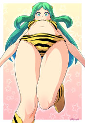 Rule 34 | 1girl, animal print, aqua eyes, bikini, blush, boots, breasts, cameltoe, closed mouth, commentary request, cone horns, eyeshadow, from below, green hair, highres, horns, kouda tomohiro, long hair, looking at viewer, looking down, lum, makeup, navel, oni, sidelocks, simple background, smile, solo, standing, swimsuit, thighs, tiger print, urusei yatsura