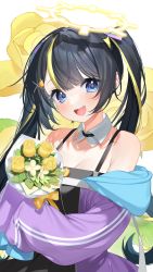Rule 34 | 1girl, :d, absurdres, bare shoulders, black dress, black hair, blonde hair, blue eyes, blush, bouquet, breasts, cleavage, collarbone, commission, detached collar, dress, floral background, flower, halo, highres, holding, holding bouquet, jacket, long hair, long sleeves, looking at viewer, medium breasts, mono (mono zzz), multicolored hair, open clothes, open jacket, open mouth, original, photoshop (medium), purple jacket, ribbon, rose, smile, solo, streaked hair, teeth, track jacket, twintails, upper body, upper teeth only, very long hair, yellow flower, yellow ribbon, yellow rose