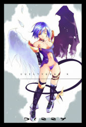 Rule 34 | 1girl, alternate hairstyle, arc system works, asymmetrical wings, blue eyes, blue hair, boots, bow, breasts, choker, cleavage, detached sleeves, dizzy (guilty gear), feathers, guilty gear, lowres, matching hair/eyes, medium breasts, midriff, navel, one eye closed, ribbon, short hair, solo, strapless bottom, tail, tail ornament, tail ribbon, thigh strap, thighhighs, wings, wink