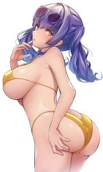 Rule 34 | 1girl, absurdres, ass, azur lane, bikini, blue hair, blush, breasts, eyewear on head, hand on own ass, highres, large breasts, long hair, looking at viewer, micro bikini, official alternate costume, open mouth, pola (azur lane), pola (seaside coincidence) (azur lane), red eyes, rikiddo (tise 00), simple background, solo, sunglasses, sunglasses on head, swimsuit, twintails, white background, yellow bikini