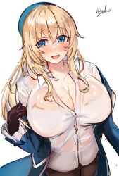 Rule 34 | 1girl, artist name, atago (kancolle), beret, black gloves, black pantyhose, blonde hair, blue hat, breasts, gloves, green eyes, hair between eyes, hat, highres, jacket, kantai collection, large breasts, long hair, looking at viewer, military, military uniform, miyako (rgrayt), no bra, open clothes, open jacket, open mouth, pantyhose, see-through, simple background, skirt, solo, spread legs, sweatdrop, uniform, white background