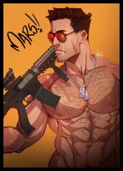 Rule 34 | 1boy, abs, ares (percy jackson and the olympians), bara, black hair, chest hair, closed mouth, completely nude, facial hair, gun, highres, holding, holding gun, holding weapon, jewelry, large pectorals, male focus, mature male, muscular, muscular male, navel, necklace, nipples, nude, pectorals, percy jackson and the olympians, scar, scar on arm, scar on chest, scar on face, short hair, solo, soynutts, sunglasses, weapon