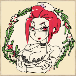 Rule 34 | 1girl, braid, braided bun, candy, candy cane, choker, christmas (skullgirls), crossed arms, food, gingerbread man, glasses, gloves, hair bun, hat, latex, latex gloves, lipstick, looking at viewer, makeup, minawa108, nurse cap, portrait, red eyes, red hair, red lips, scar, scar across eye, skullgirls, smile, solo, wreath, yellow background