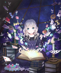 Rule 34 | 1girl, blush, book, book stack, bug, butterfly, card, doughnut, food, highres, indoors, insect, looking away, medium hair, night, night sky, open book, original, parted lips, playing card, shino (shinderera), sky, solo, star (sky), starry sky, white hair, window